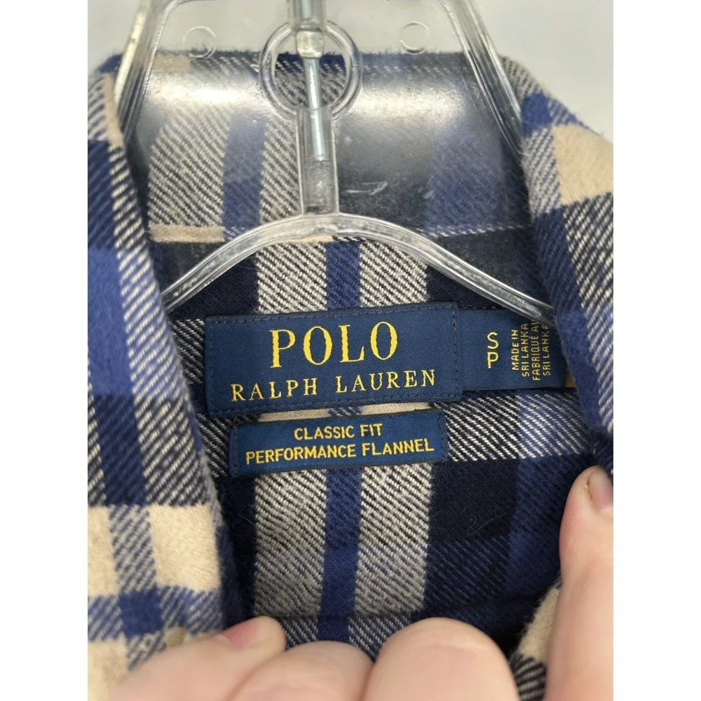 Polo Ralph Lauren Flannel Shirt Men Small White Blue Plaid Performance Button Up